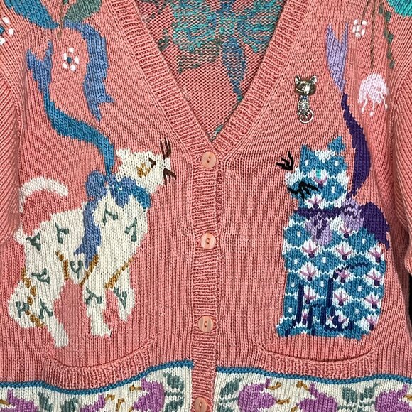 Berek 1989 Hand-Knit Cat Sweater Cardigan + Vintage Cat Brooch 100% Pima Cotton - Picture 10 of 13